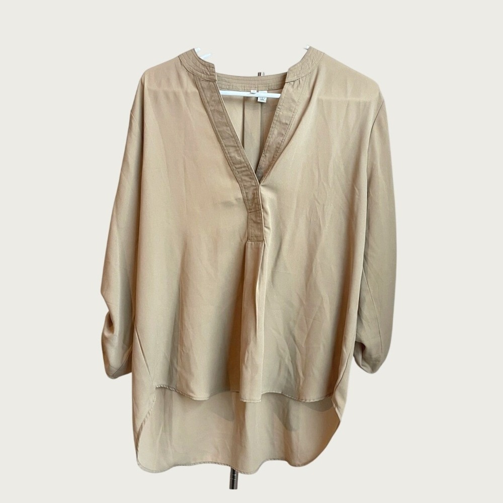 Cato Tan Roll Tab Sleeve Split Neck Blouse High Low Hem Beige Fall Office Sz L